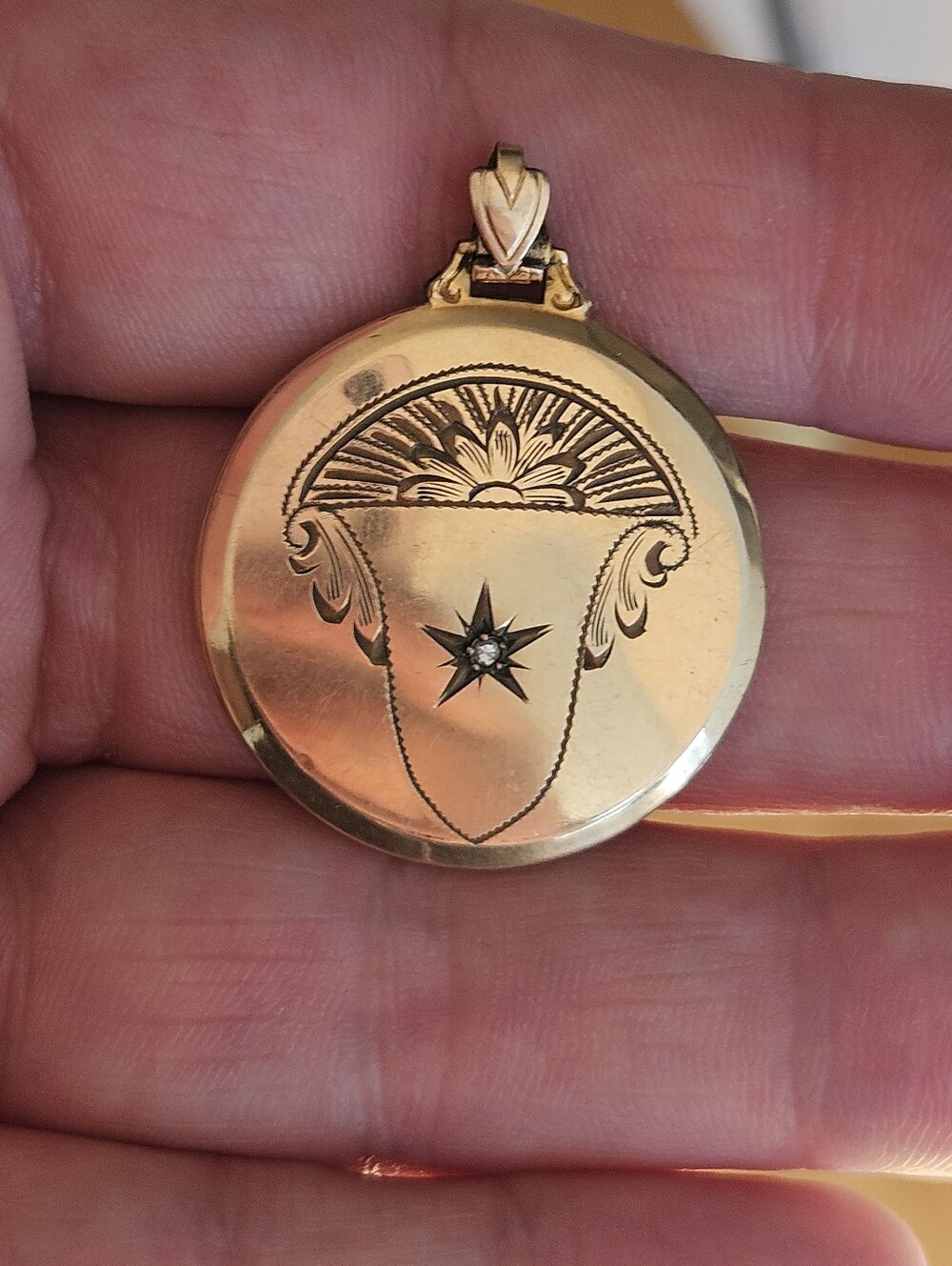 Antique Art Nouveau Gold Starburst Engraved Diamond Locket Pendant
